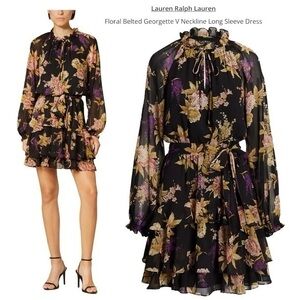 Lauren Ralph Lauren Floral Belted Georgette V Neckline Long‎ Sleeve Dress sz 6